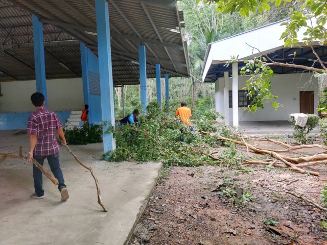 ตัดแต่งกิ่งไม้ที่โค่นล้ม ณ โรงเรียนบ้านบ่อกรัง